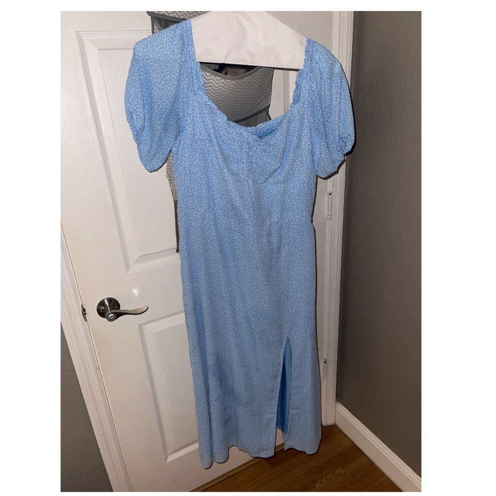 Hollister Sky Blue Midi Dress with Puff Sleeves and Side Slit